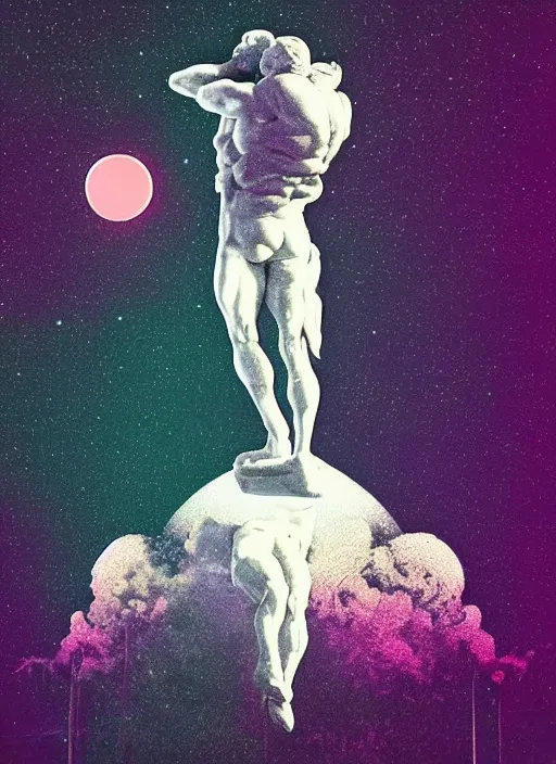 Prompt: statue of atlas, moon in the background, beeple, vaporwave, retrowave, futurism, black background, neon wiring, black, glitch, strong contrast, cuts, pinterest, trending on artstation