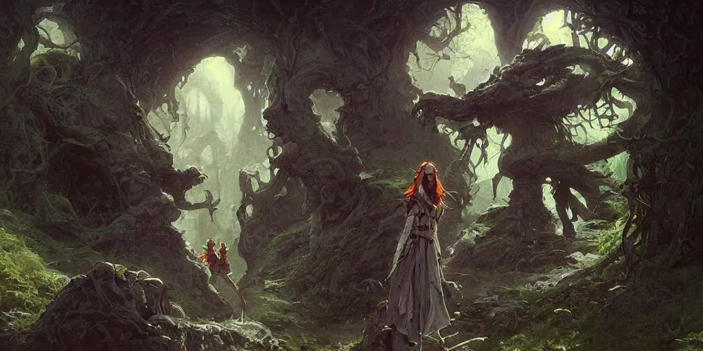 Prompt: fantasy painting with a woman in a fantasy environment by Greg Rutkowski and Michael Whelan