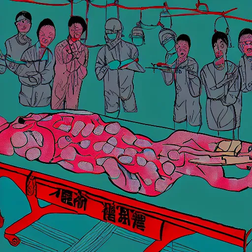 Image similar to chinese surgeons operating on a body on an operating table, in the style of daniel johnston and outsider art, 8k, line brush, minimal, overlaid with chinese adverts, collage