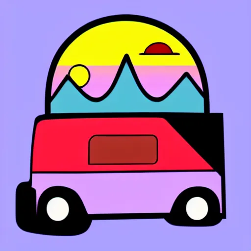 Prompt: minimal vector art sticker of a white and black cute thor chateau! motorhome camper!!, mountains, colorful sunset!!, thick lines, very minimal vector art, sticker!! by tom whalen