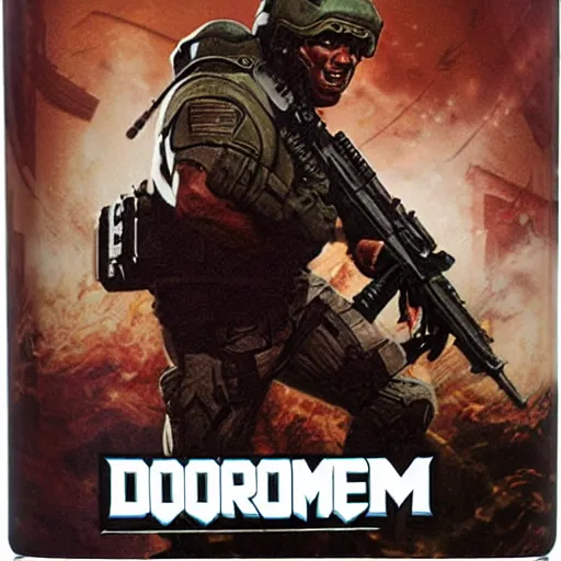 Prompt: chris dorner as the marine from doom, game box art