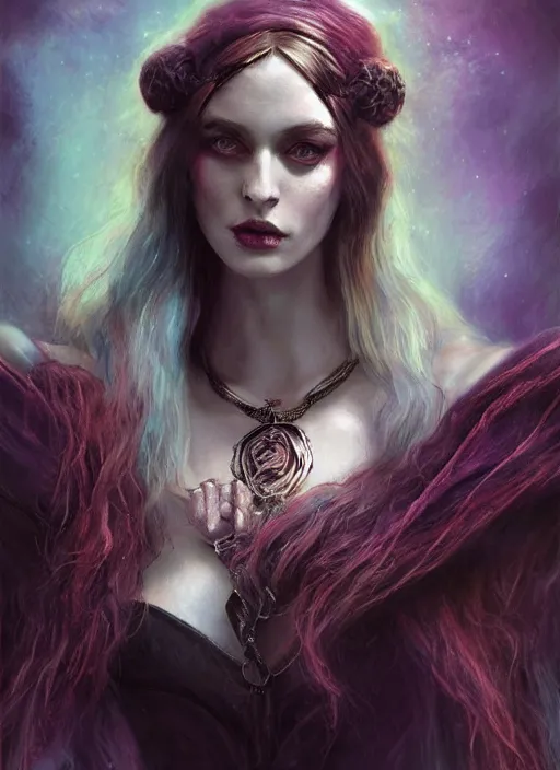 Image similar to tarot!!, pale, beautiful witch with long hair, fantasy medieval, jeweled choker, vivid colors, elegant, concept art, sharp focus, beautiful face!!, digital art, Hyper-realistic, 4K, Unreal Engine, Highly Detailed, Dramatic Lighting, Beautiful, by Brom, trending on Artstation, Tom Bagshaw, Sargent