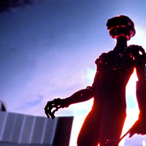 Image similar to movie still of a cyborg evangelion, cinematic composition, cinematic light, warm lighting criterion collection, by edgar wright