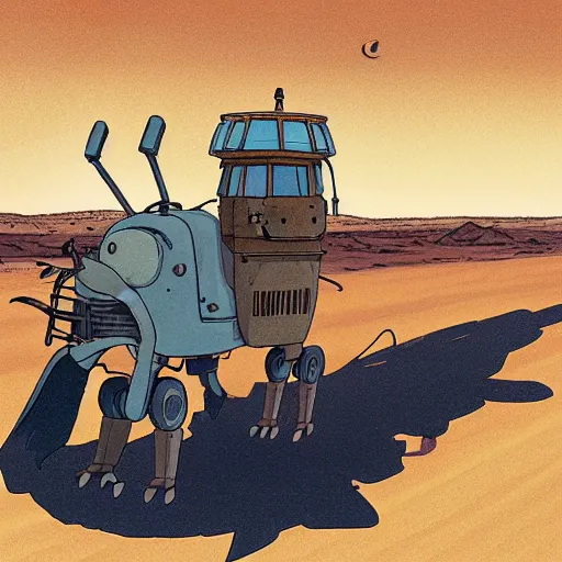 Prompt: a study of cell shaded cartoon of a mechanized jackal from howl's moving castle ( 2 0 0 4 ) on a desert road, in front of a big moon, full body, wide shot, very muted colors, post grunge, studio ghibli, laurie greasley, highly detailed, deviantart, art by artgem