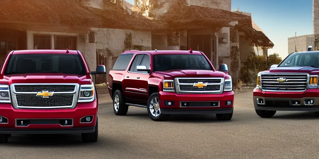 Prompt: A photograph of a red SUV designed from a 2014 Chevrolet Suburban and 2013 GMC Sierra