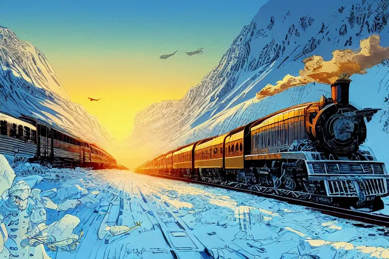 Image similar to trans - siberian express train illustration by joe fenton and syd mead and p. craig russell and barry windsor - smith, artstation, 4 k, graphic novel, concept art, matte painting, beautiful russian winter landscape sunset background, golden hour, art nouveau