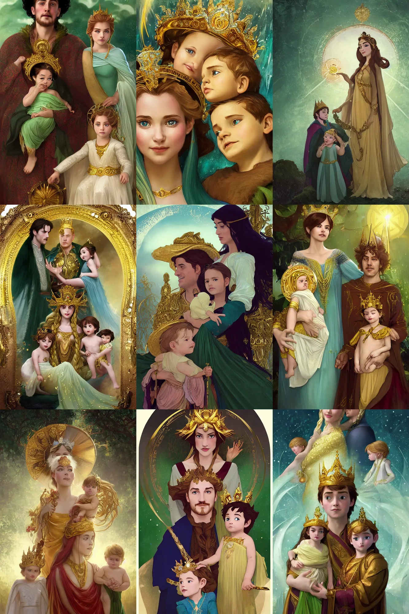 Prompt: a cinematic portrait of a beautiful royal family photograph close up moment of a moon goddess and young sun god magician family with child, portrait, wearing gold and green, sunhat and emma, Klaus film, digital painting, artstation, concept art, illustration, Frozen II art masterpiece by art by Krenz Cushart, Artem Demura, alphonse mucha, yoji shinkawa, ArtGerm, Jon Lothian, Danilo Torres, Adi Meyers, Thomas Reimann, Gaston Bussiere