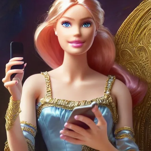 Image similar to a beautiful portrait of barbie looking at her cell phone ; ultra realistic, concept art, intricate details, stunning model, highly detailed, photorealistic, octane render, 8 k, unreal engine. art by artgerm and greg rutkowski and charlie bowater and magali villeneuve and alphonse mucha