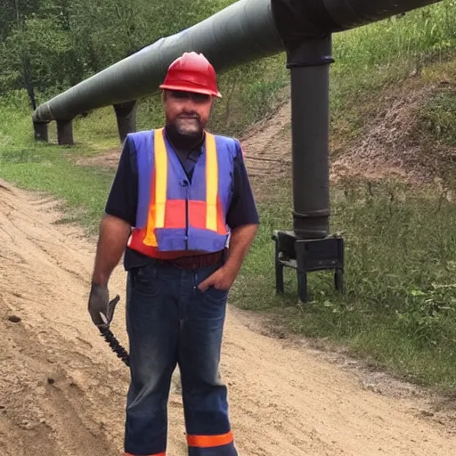 Prompt: a worker poses next to a newly established glue pipeline, 1902, colorized