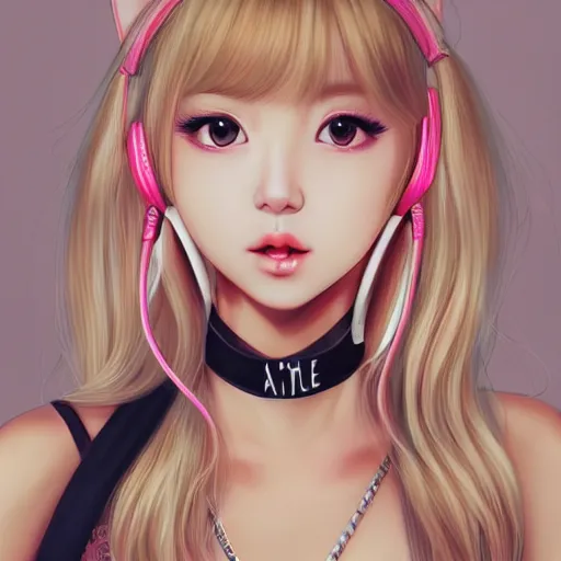 Image similar to realistic beautiful gorgeous natural cute Blackpink Lalisa Manoban blonde hair cute fur blonde cat ears, wearing camisole, wearing headphones, wearing black leather choker artwork drawn full HD 4K highest quality in artstyle by professional artists WLOP, Taejune Kim, Guweiz on Artstation Pixiv