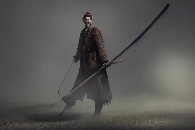 Image similar to theatre stage, man with scythe, traditional romanian clothing, concept art, dramatic lighting, beautiful, volumetric lighting, colorful, octane render