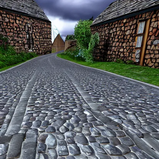 Prompt: looking at an old english street with cobble stone road, it is raining and the cobble stones are wet, ultra realistic,