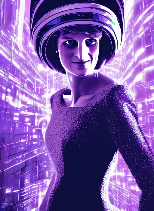 Image similar to princess diana as a cyberpunk woman, intricate, cinematic lighting, highly detailed, canon 3 5 mm photography, horizontal symmetry, smooth, sharp focus