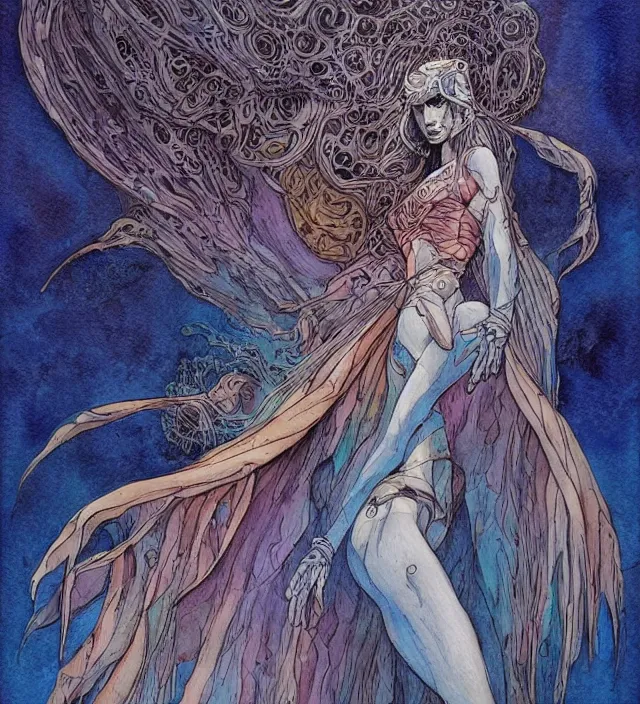 Prompt: a watercolor ink painting of the primordial goddess of the dark in the style of jean giraud in the style of moebius trending on artstation deviantart pinterest detailed realistic hd 8 k high resolution