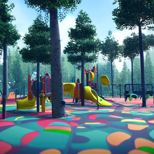 Prompt: : playground with soft glossy shapes bifrost colors in forest 8k render unrealengine cgsociety