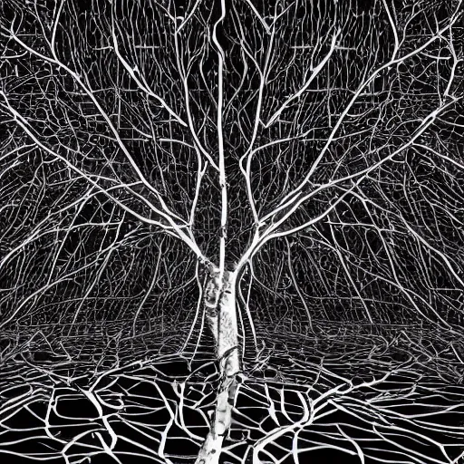 Prompt: logo of recursive tree branches without leafs, branches like veins, black and white, digital art