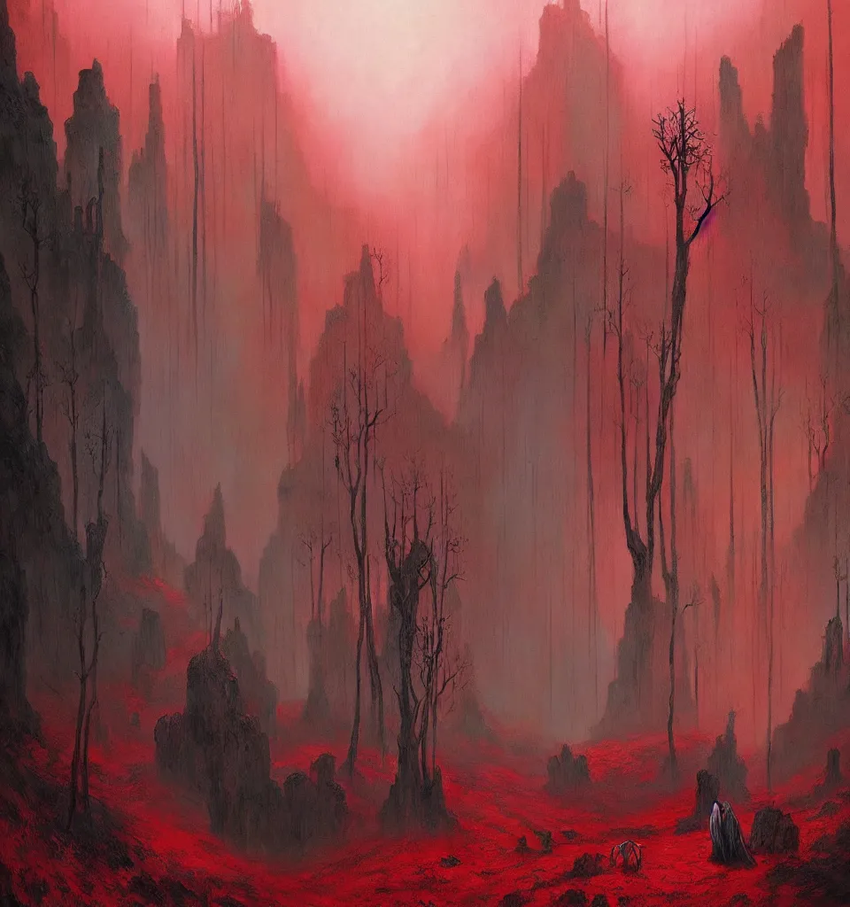 Prompt: magical matte forest of happiness overlooking the sad mountains, chiaroscuro, red fabric, metalic parts, transparent smoke from hell, notan sun in the background, abstract, surreal art, painted by beksinski and android jones