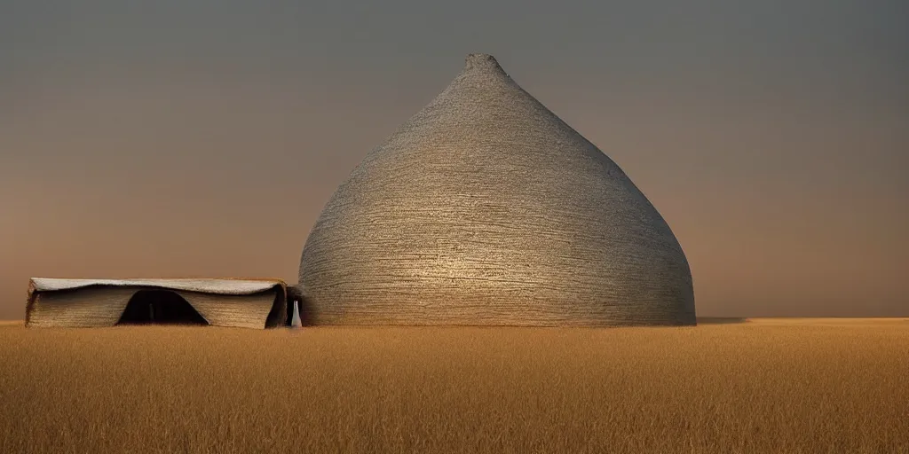 Prompt: a melted, limp, smooth traditional ukrainian house hut in the kazakh steppe in style by anish kapoor, in the parts by shih chieh huang, golden hour, film still from the movie directed by denis villeneuve with art direction by zdzisław beksinski, close up, telephoto lens