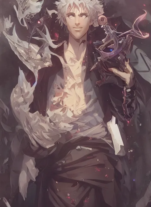 Prompt: male necromancer, anime key visual, handsome and attractive man, highly detailed, sharp focus, trending on artstation, art by shumolly and monable and artgerm and greg rutkowski and jo chen and makoto shinkai and alphonse mucha