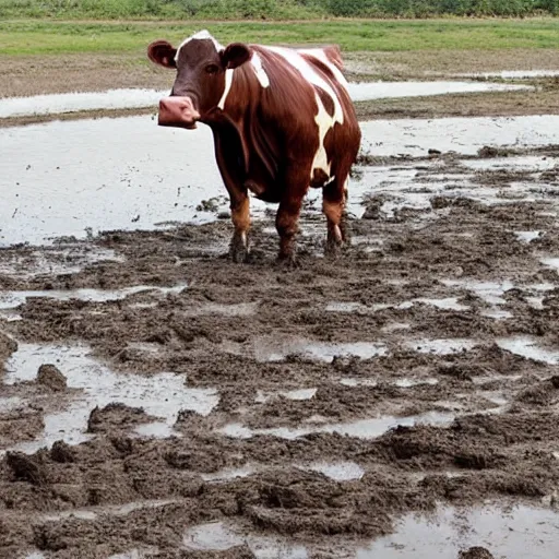 Prompt: a person in a cow costume, stuck in mud