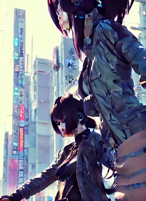 Prompt: hyper - realistic cyberpunk anime girl standing on tokyo street, extreme detail, alluring, in style of yoji shinkawa, pan ren wei, col price, atey ghailan, by greg rutkowski, by greg tocchini, by james gilleard, by joe fenton, by kaethe butcher, grunge aesthetic