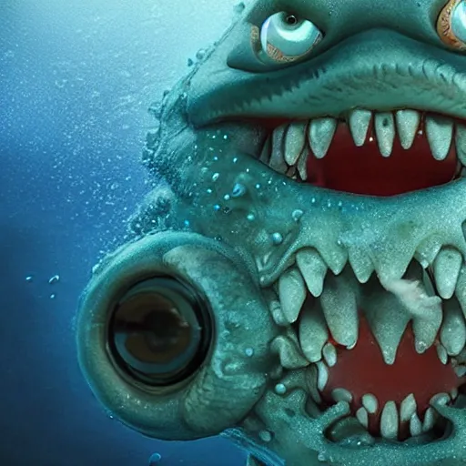 Image similar to sea monster about to eat pov underwater, big eyes, terrifying, hyper realistic, 8 k cinematic