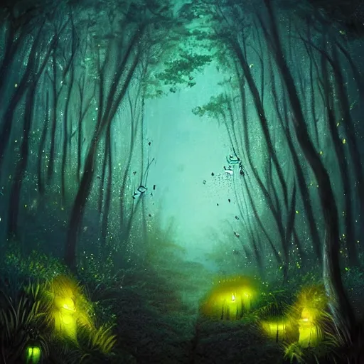 Prompt: a beautiful matte painting of glowing Fireflies in an amazing forest in the night, by artist, artist and artist. Trending online