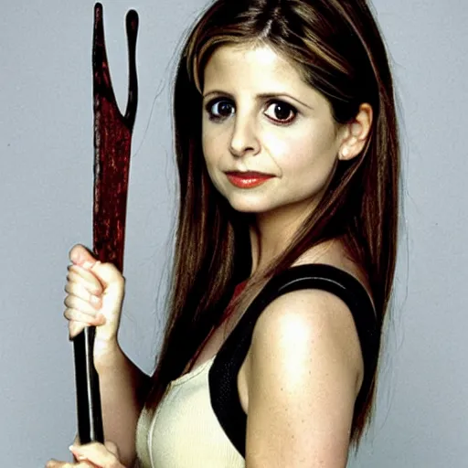 Image similar to sarah michelle gellar, buffy the vampire slayer, holding a stake, in the style of jo chen