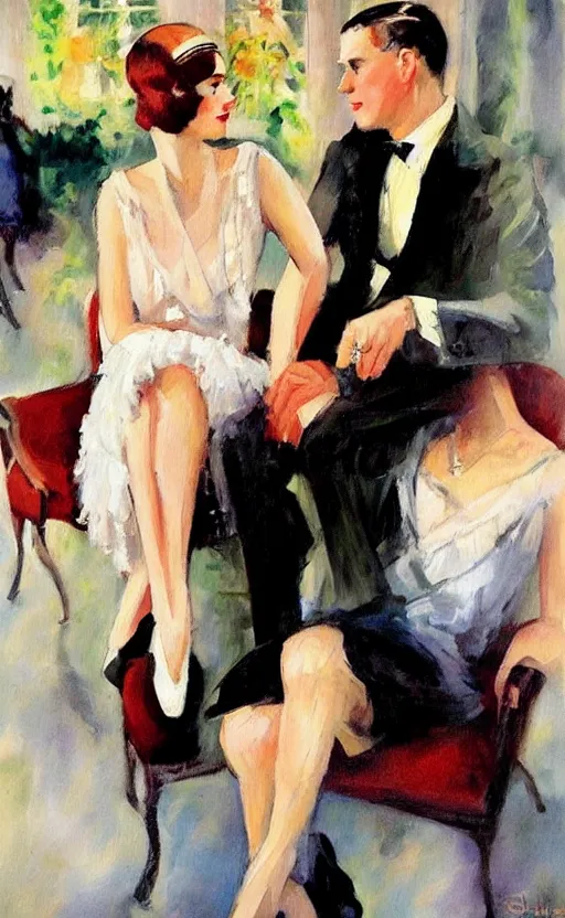 Image similar to A painting of Jazz Age high society, Fitzgerald, people dressed 1920's style, The Great Gatsby, smooth, by Sherree Valentine Daines