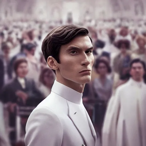 Prompt: portrait of a regal prince with sharp cheekbones, white clothes, high collar, close up, wistful, super details, crowd of angry people out of focus in the background, modern digital art, matte painting, science fiction