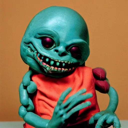 Prompt: creepy creature toy from a bad 90s commercial, vhs footage