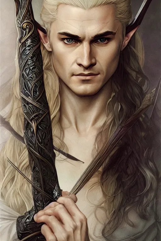 Prompt: legolas, lord of the rings elf, intricate, elegant, highly detailed, digital painting, artstation, concept art, smooth, sharp focus, illustration, art by artgerm and greg rutkowski and alphonse mucha