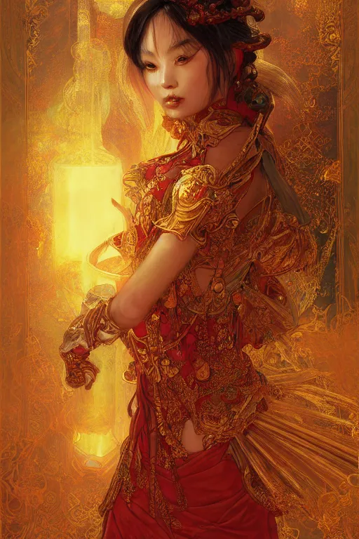 Image similar to tarot card artstation, portrait of an asian love dancer, sunrise, baroque ornamnet and rococo ornament, ancient chinese ornate, hyperdetailed, beautiful lighting, craig mullins, mucha, klimt, yoshitaka amano, red and gold and orange color palatte