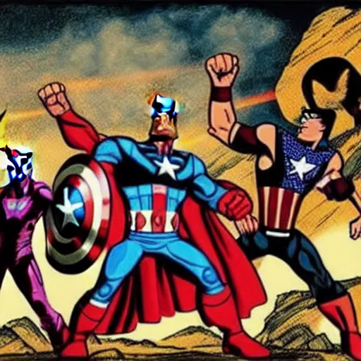 Prompt: a prehistoric cave painting of the avengers battling thanos