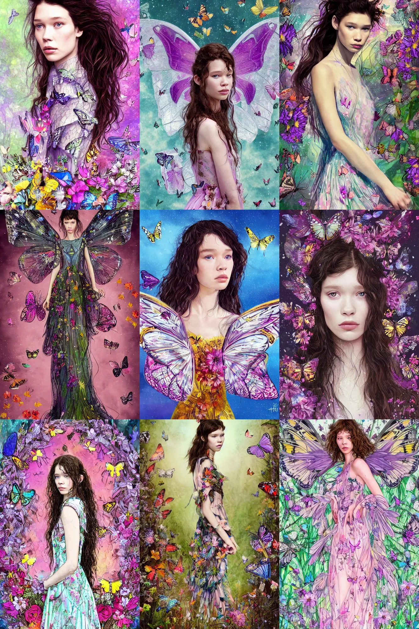 Prompt: astrid berges frisbey. she has large butterfly wings growing out of her back. she is facing the camera. full body portrait. digital illustration. wearing a dress made out of flowers and butterflies. space surrounds her. trending on art station, low detail, fluid, dreamy, vivid colours.