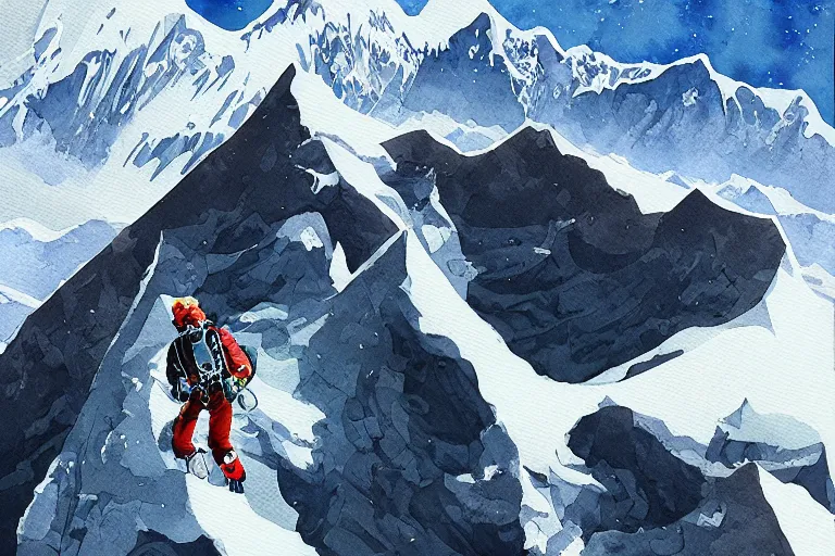 Prompt: diving from the top of mount everest. Film watercolor, artstation, highly detailed. Sharp, 8k