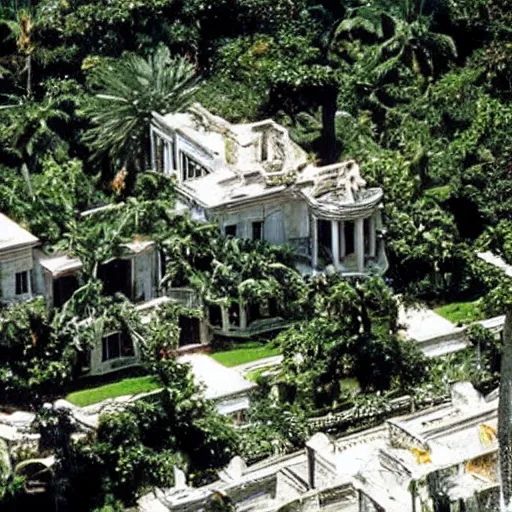 Prompt: The Mansion from Scarface (1983) being reclaimed by nature, in ruins, The world is yours statue