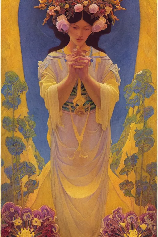 Prompt: queen of flowers, by Nicholas Roerich and Annie Swynnerton and Diego Rivera and jean delville, dramatic cinematic lighting , ornate headdress , flowing robes, sacred artifacts, lost civilizations, smooth, sharp focus, extremely detailed