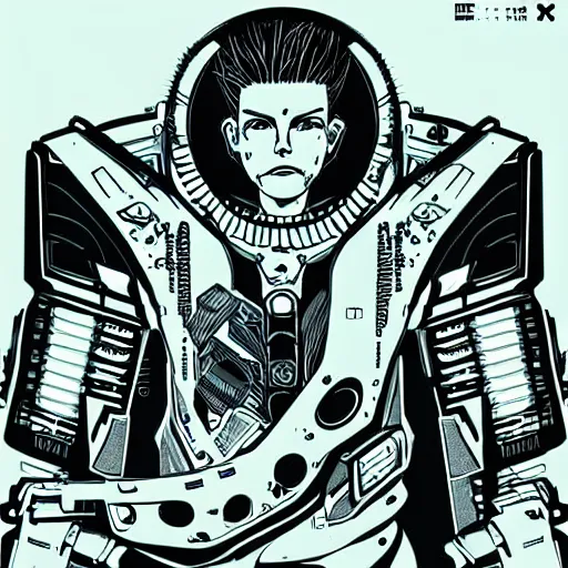 Image similar to Mcbess designed cyberpunk aesthetic TOOL album cover art of a giant mech warrior