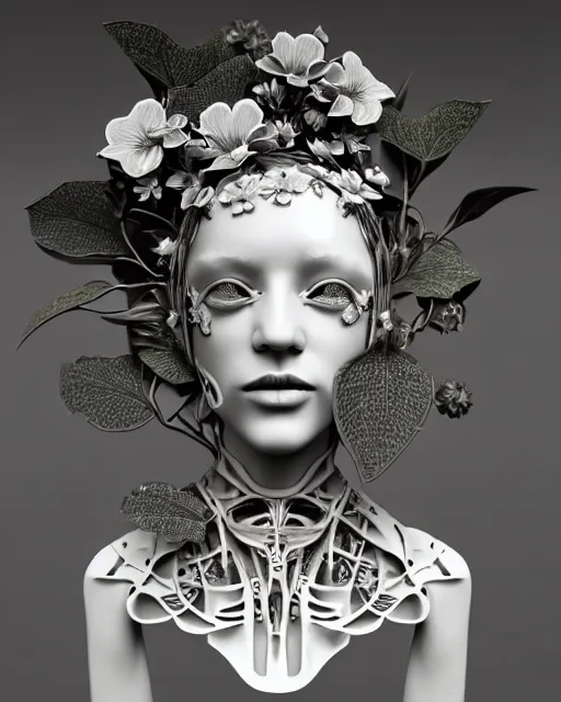 Image similar to monochrome 3 d model, 1 9 3 0 picture, floral steampunk biomechanical beautiful young female cyborg with porcelain profile face and a techno eye, volumetric light, leaves foliage and stems, hibiscus flowers, boho vines, sinuous fine roots, fine foliage lace, alexander mcqueen, rim light, big gothic fashion pearl embroidered collar, octane render, 8 k