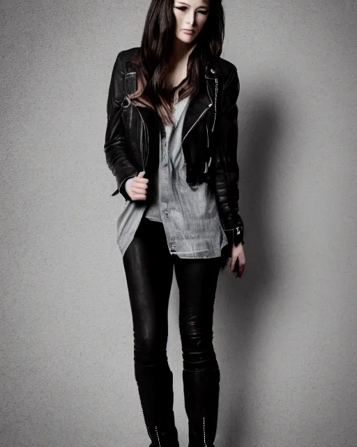 Image similar to young woman in her 20s, she wears a leather jacket and boots, full body shot, taken by a nikon, very detailed face