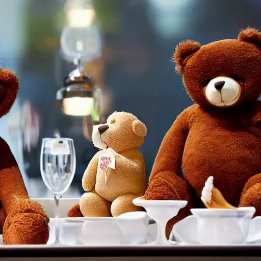 Image similar to teddy bears eating a fancy dinner at a Michelin star restaurant