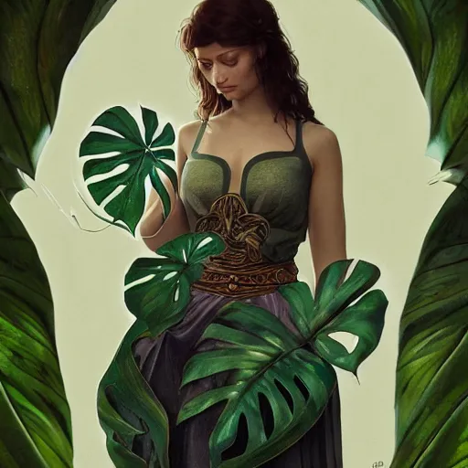 Image similar to a woman monstera druid with monstera leaf themed clothing, fully clothed, D&D, fantasy, intricate, cinematic lighting, highly detailed, digital painting, artstation, concept art, smooth, sharp focus, illustration, art by Artgerm and Greg Rutkowski and Alphonse Mucha