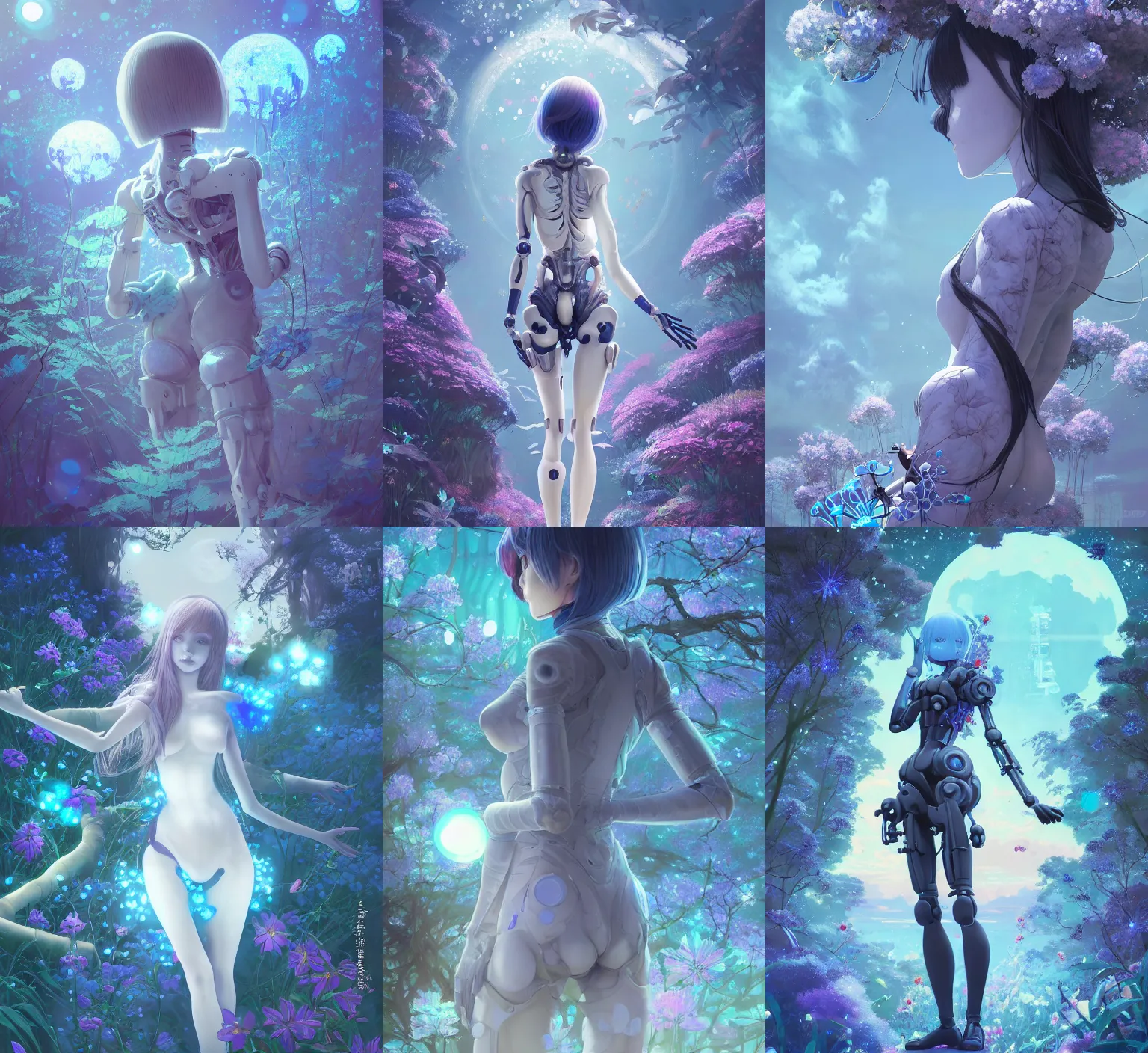 Prompt: detailed, sharp, dreaming humanoid female automata in exoskeleton surrounded by glowing blue flowers and flora floating above a dystopia by Ilya Kuvshinov and Anna Dittmann and studio ghibli and WLOP and Rossdraws, digital art, surreal, trending on artstation, anime arts, featured on Pixiv, blue lighting, HD, 8K, highly detailed, good lighting, beautiful, epic, masterpiece