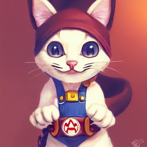 Image similar to Portrait of a Cat dressed as Super Mario, kawaii aesthetic, nintendo, highly detailed, digital painting, artstation, concept art, smooth, sharp focus, illustration, art by artgerm and greg rutkowski and alphonse mucha