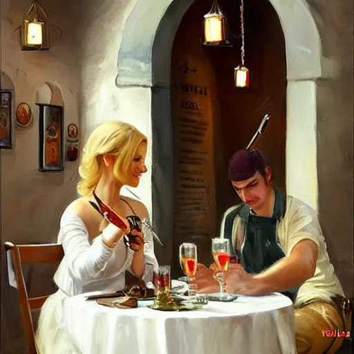 Image similar to ((Boba Fett)) and a beautiful young blonde drinking beer in a wine cellar, food, meat, schnapps, torches on the wall, romantic, inviting, cozy, painting by Vladimir Volegov