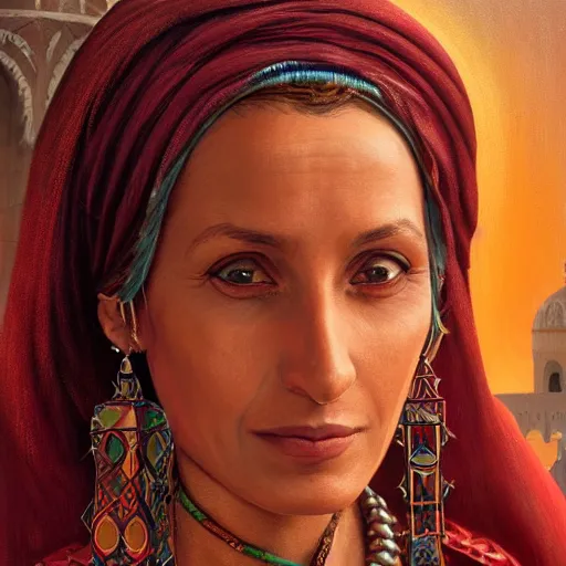 Prompt: portrait of a tunesian woman ( 3 5 ) from tunesia in 2 0 2 1, an oil painting by ross tran and thomas kincade