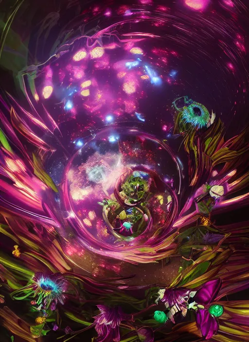 Prompt: An epic fantastic realism comic book style painting of the most beautiful spiraling entwined flowers launched explosively across the dark spinning galaxy, floating bouquets, fisheye lens, unreal 5, DAZ, hyperrealistic, octane render, dynamic lighting