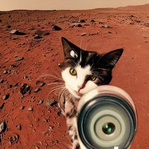 Prompt: polaroid of a cat and aliens taking a selfie together in mars