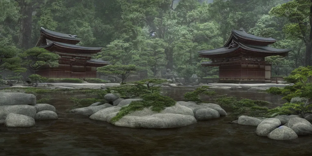 Prompt: a ancient japanese temple in the middle of a forest mear a small river, extremely highly detailed, high quality, 8K HDR, octane render, unreal engine 5, hyperrealistic, concept art, trending on Artstation, dramatic lighting, cinematic, high coherence, path tracing, ruins, clouds in the sky, singular building, centered